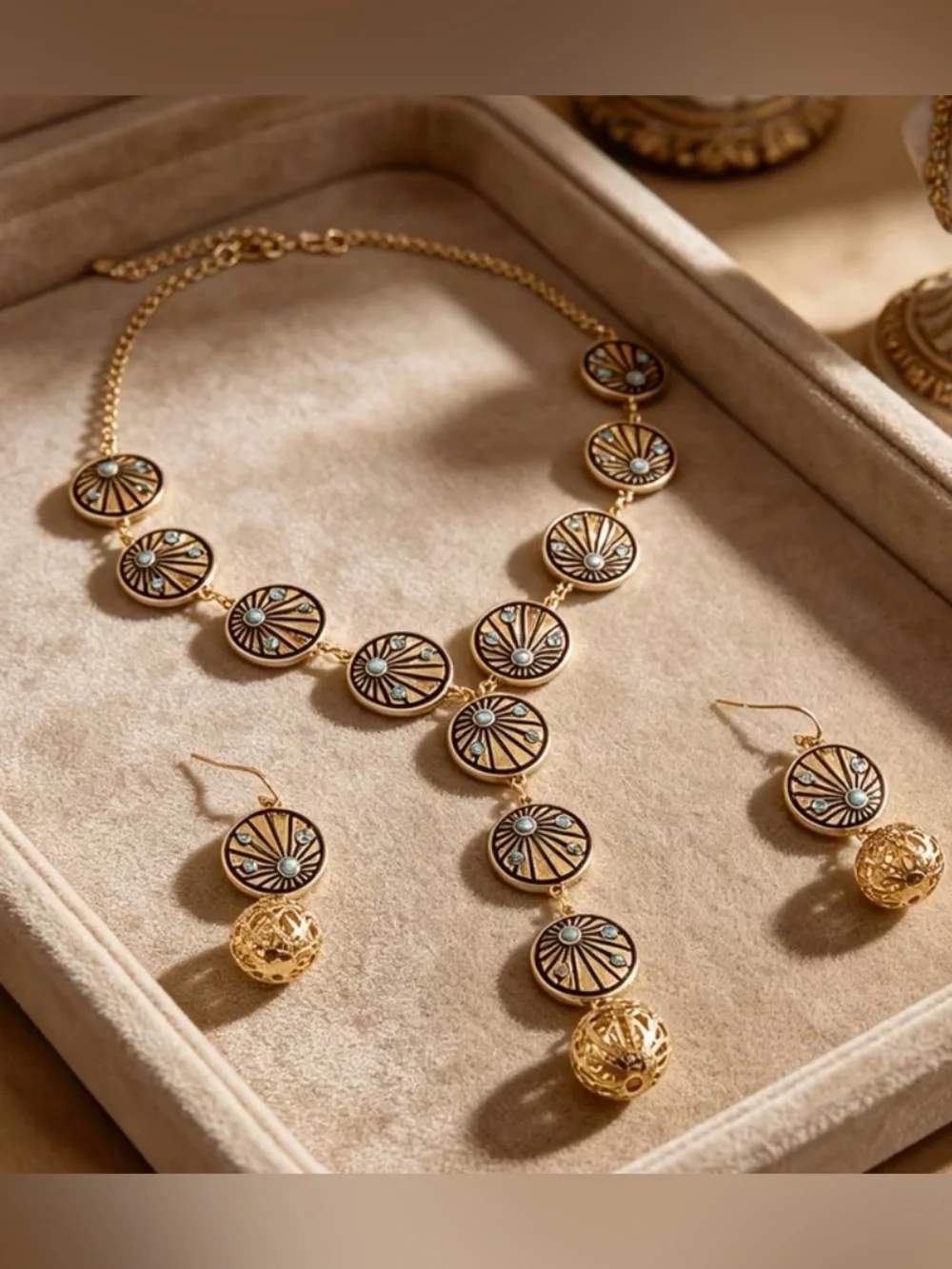 Western Gold-Tone Turquoise Accent Medallion Necklace & Earring Set